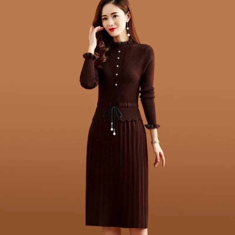 Casual Fake Two Pieces Pleated Knitted Dress Women Vintage Long Sleeve Bottoming Sweater Dresses Fall Elegant Slim Midi Vestidos