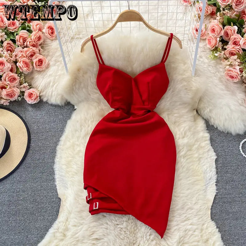 WTEMPO-vestido Sexy de verano para mujer, vestido rojo liso Irregular con envoltura en la cadera, Espalda descubierta, cuello en V, cintura alta, vestido de fiesta ajustado sin mangas