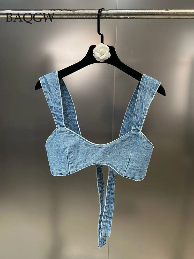 Streetwear Jeans Two Piece Set Women's Sexy Sleeveless Lace-up Backless Crop Top and High Waist Denim Pants Slim Summer Outfits