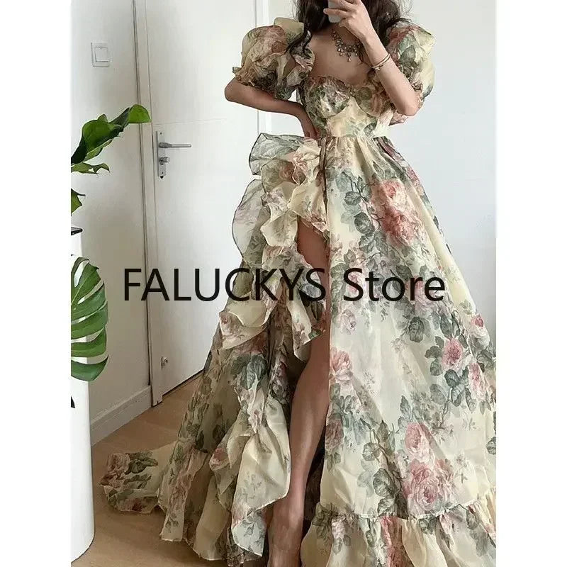 2023 Summer Elegant Evening Party Dress Short Puff Sleeve Khaki Print Organza Women Floor-Length Overlength Princess Long Dress