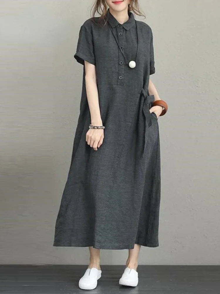 Summer Dress Women Cotton Linen Vintage Casual Loose Oversie Lapel Short-sleeved Dress New In Mid-length Long Dress for Women