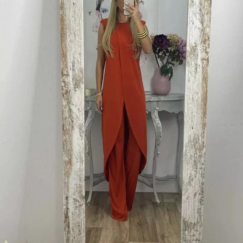 Streetwear Casual Sleeveless Loose 2 Piece Sets For Women Summer Elegant Solid O Neck Fashion Long Irregular Pullover Pants Sets