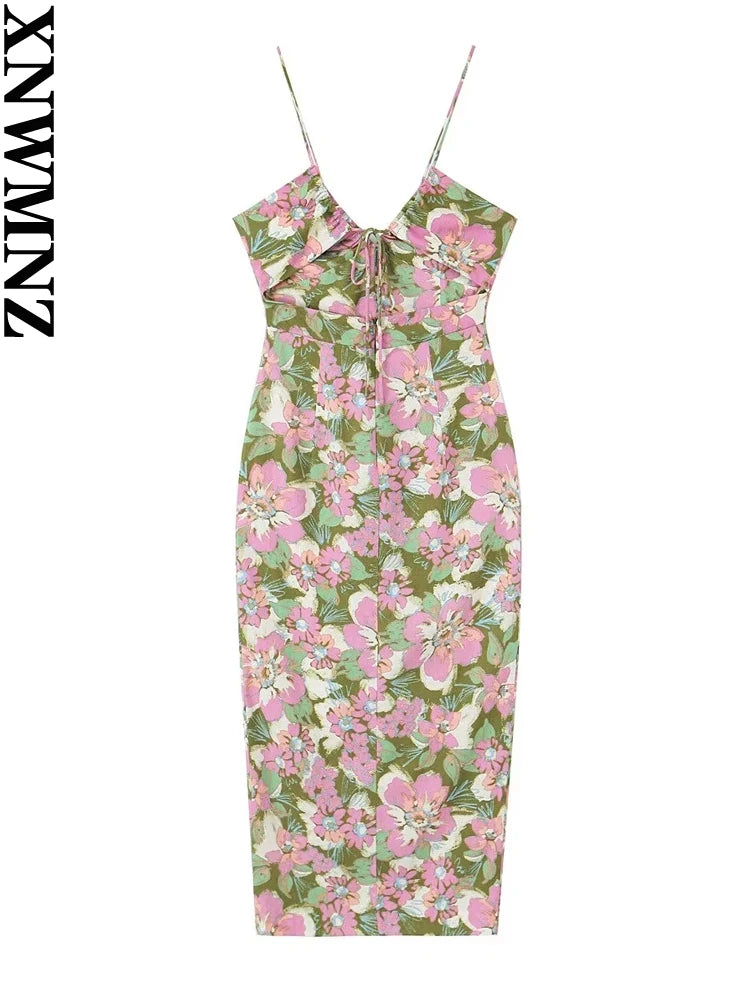 XNWMNZ-vestido de lino mezclado con estampado de flores para mujer, vestido de vacaciones con cuello en V y correas ajustables, lazo en la espalda abierta, vestido femenino con abertura frontal