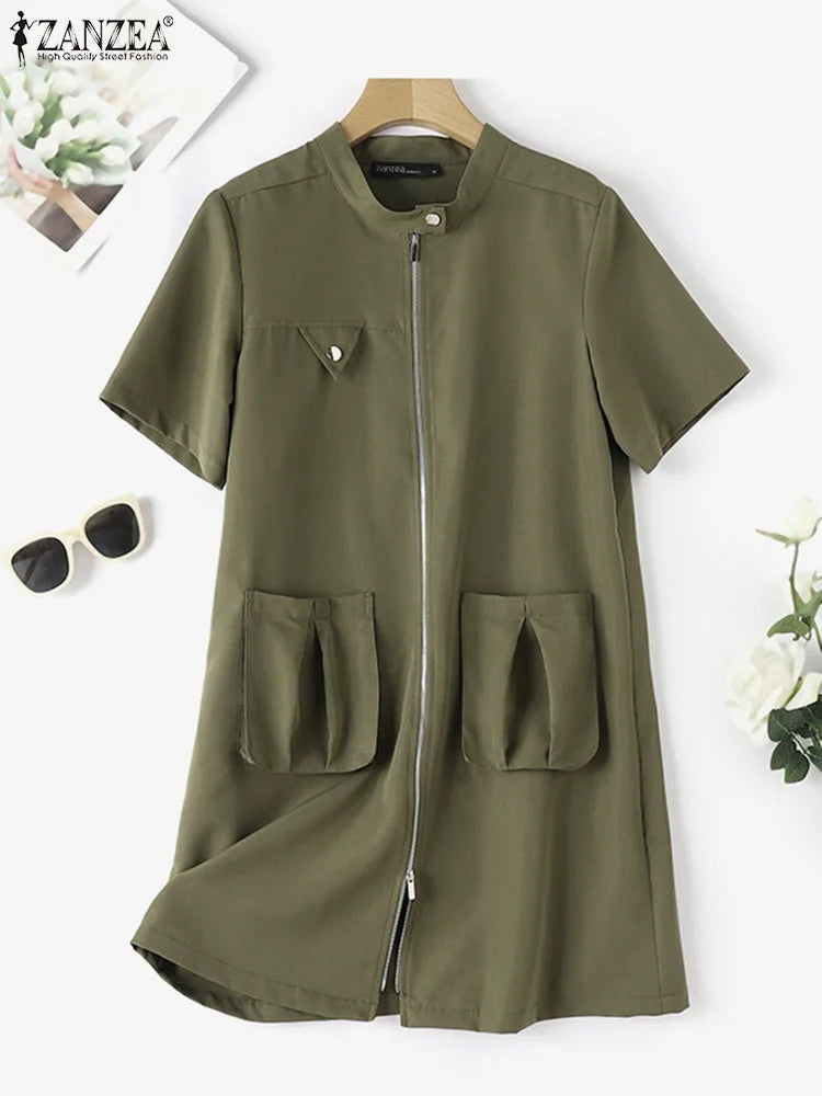 ZANZEA Stylish Cargo Dress Women Summer Fashion Pockets Casual Party Vestido Short Sleeve Zipper Up Solid Knee-length Sundress