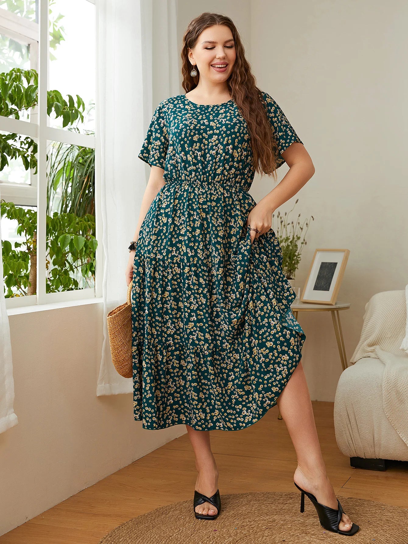 Fashion Big Size Women's Clothing Dress Summer O-Neck Floral Print Midi Dresses Urban Elegant Casual Ladies Plus Size Long Dress