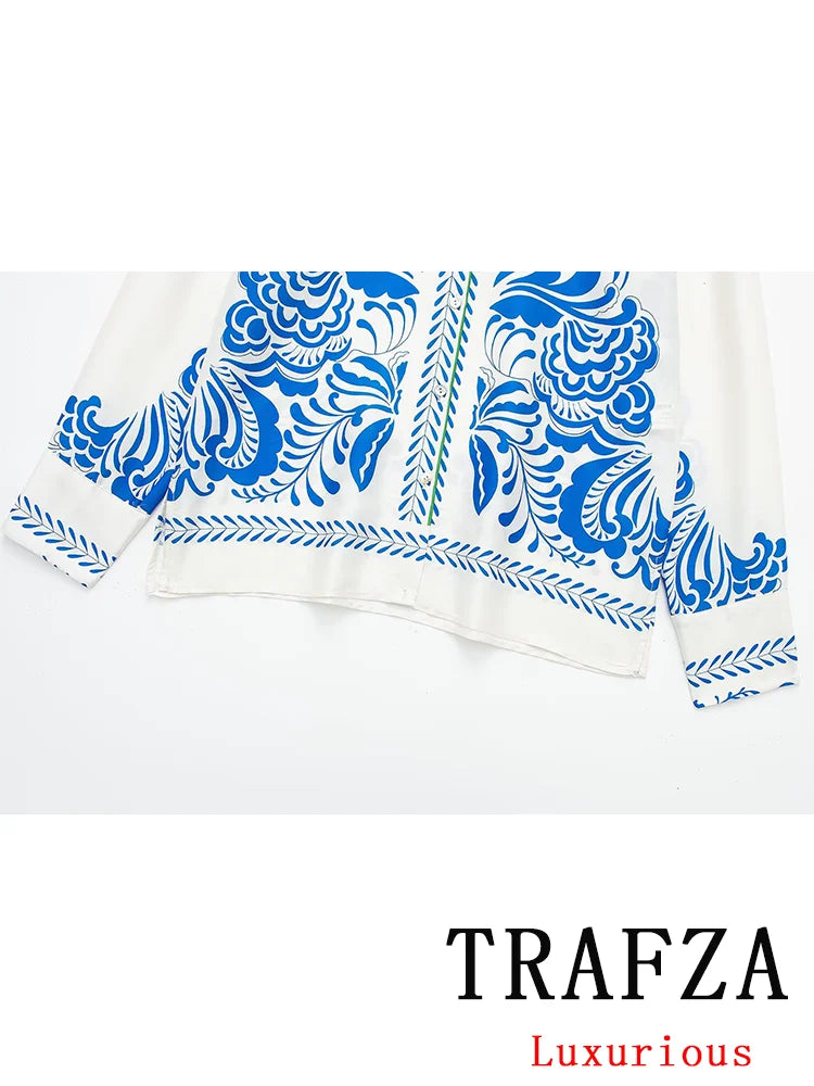 TRAFZA – costume imprimé Vintage décontracté pour femmes, chemise à simple boutonnage, manches longues, pantalon Long ample, Chic, mode printemps 2024, ensembles de base