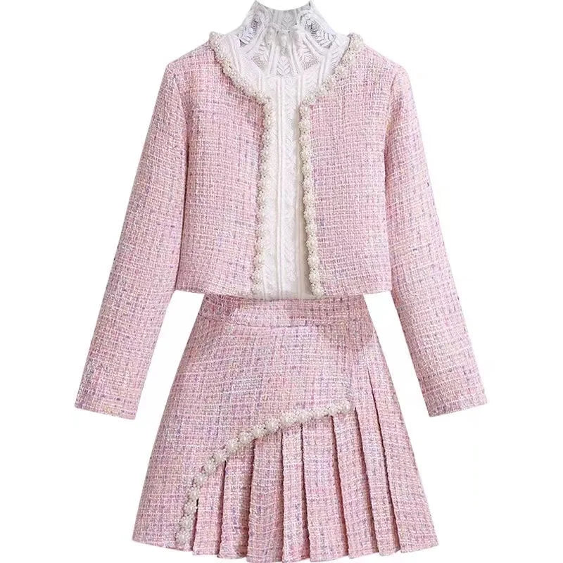 Women Tweed Y2K Pink Suit Pearl Jacke Coat Shirt And Skirt Three Piece Set Outfit Winter Vintage Chic Elegant Party Clothing