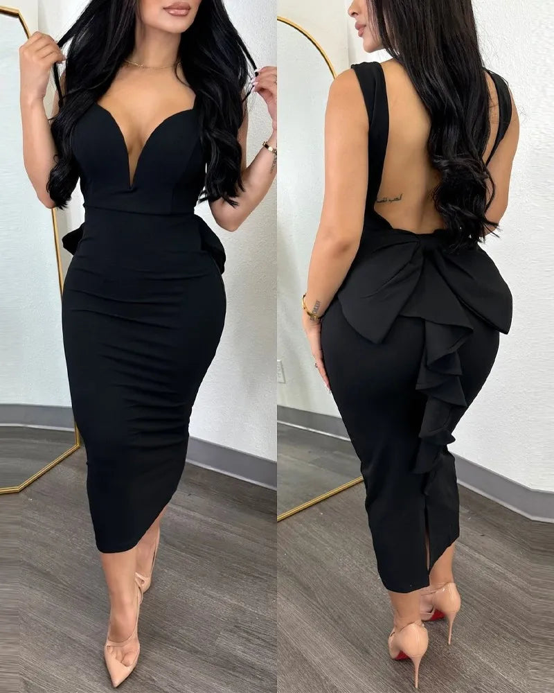 Summer Women Elegant Thick Straps Deep V-Neck Bow Decoration Sexy Plunge Ruffle Hem Backless Midi Formal Party Dress