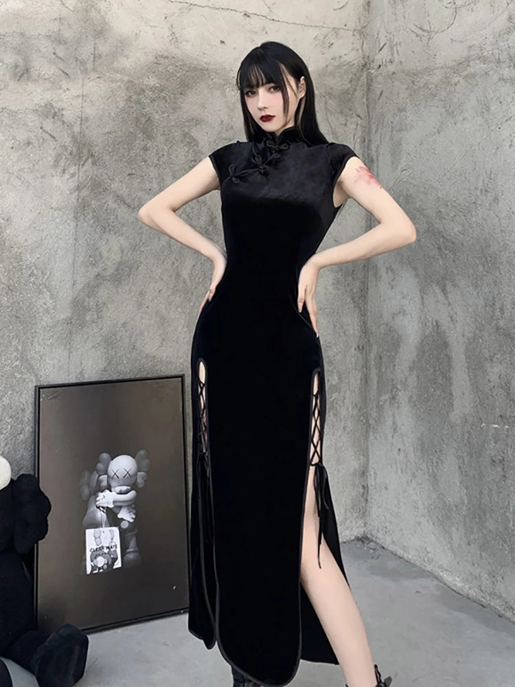 Goth Dark Romantic Gothic Velvet Aesthetic Dresses Vintage Women Black Bandage SlitHem Bodycon Dress Sexy Evening Wear Cheongsam