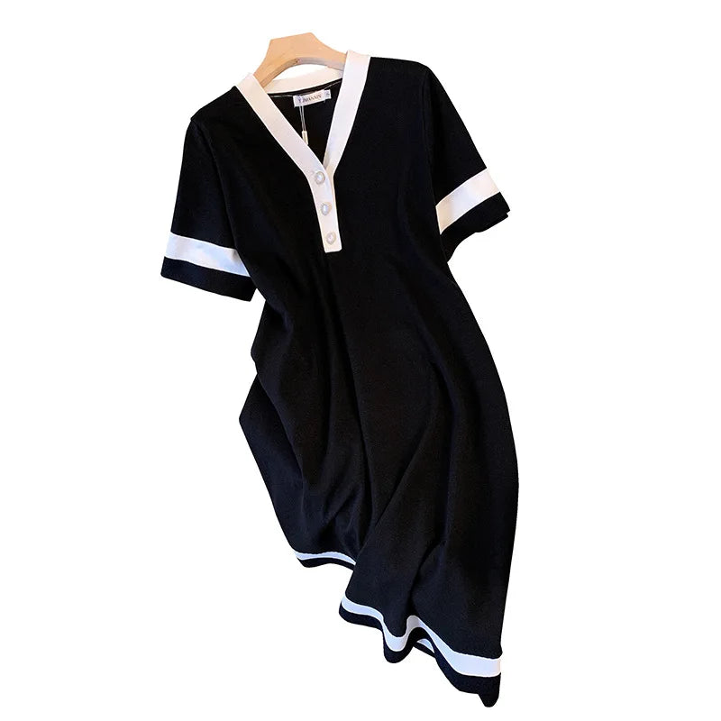 155Kg Plus Size Women's Bust 160 Summer Loose Ice Silk Knitted V-Neck Short Sleeve Dress Black 5XL 6XL 7XL 8XL 9XL 10XL