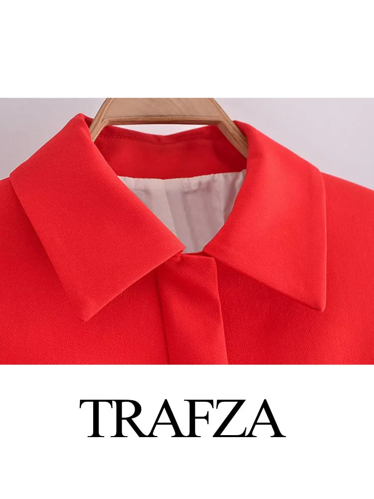 TRAFZA Autumn Winter Women Fashion Single Breasted Turn Down Collar Red Coats+Female Casual Office Lady Slim Pants 2 Piece Suit