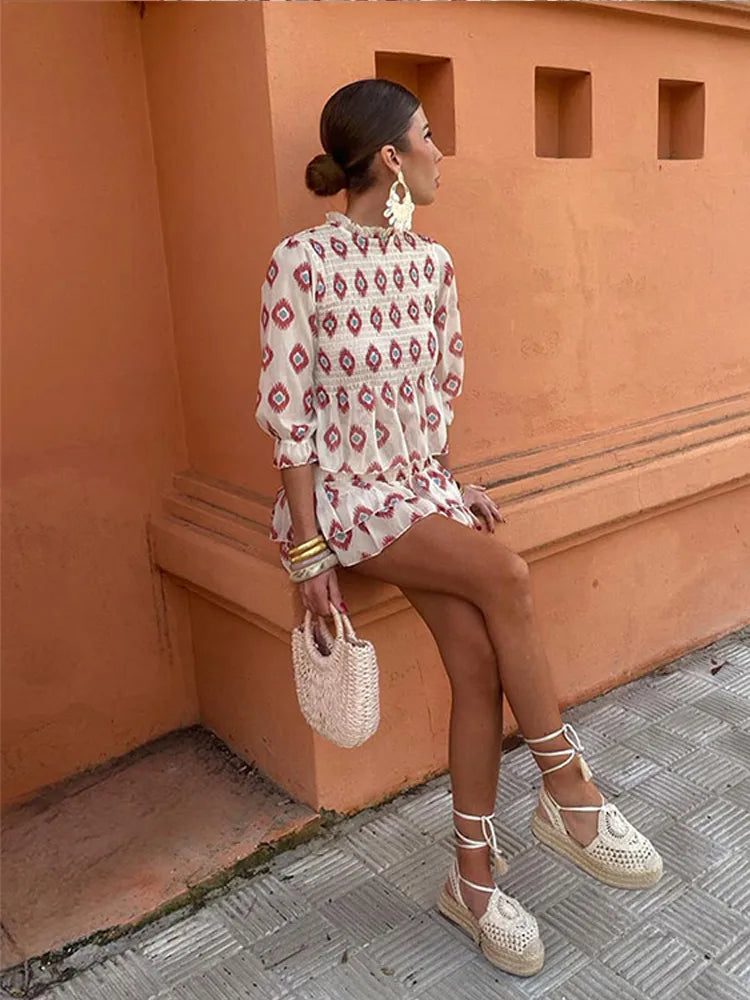 Fashion Slim Ruffles Print Mini Skirt Suit Women Round Neck Half Sleeves 2 Pieces Sets Spring Summer Casual Vacation Outfit