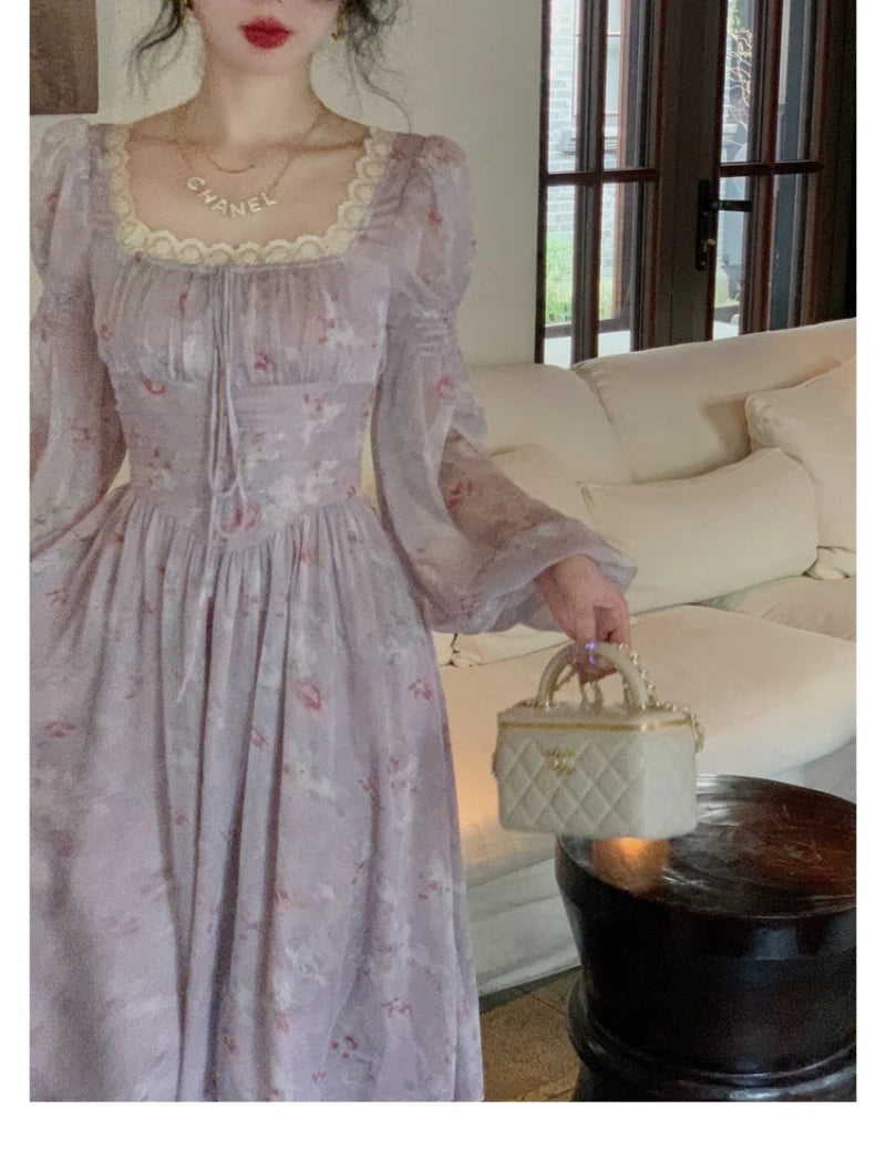 French Elegant Square Neck Chiffon Dress for Women 2023 Summer Evening Party Long Sleeve Female Dress Casual Fashion Midi Dress