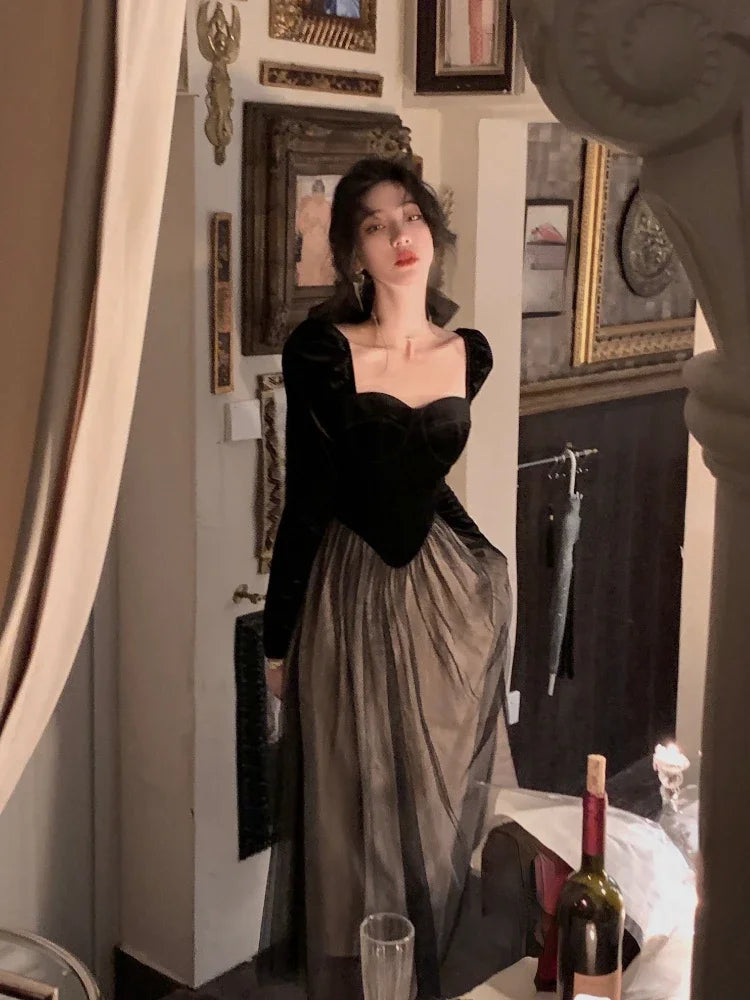 2022 Autumn Elegant Velvet Long Sleeve Midi Dress Woman Slim Vintage Evening Party Dress Female Casual Korean Fashion Dress Chic