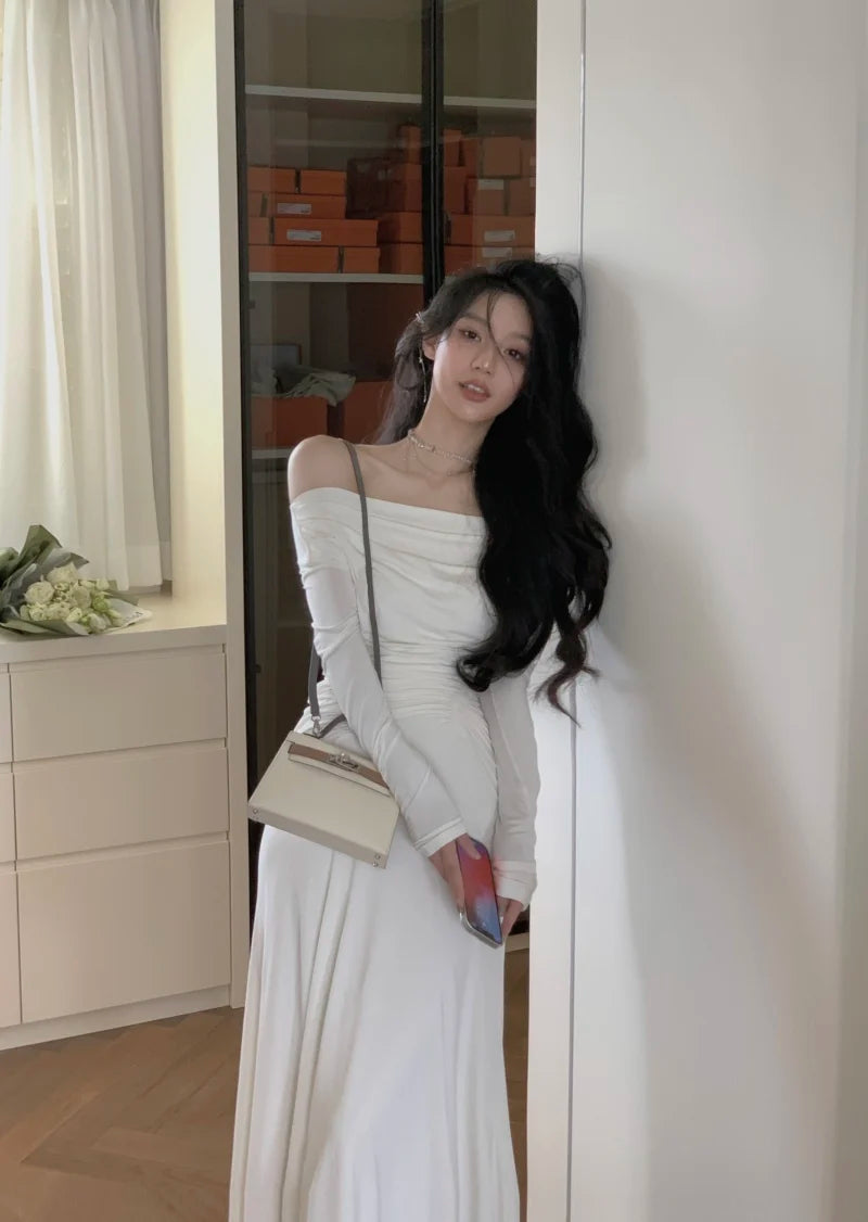 Elegant White Knit Dress Midi Dresses for Women 2023 Autumn Off Shoulder Long Sleeve Pleated Slim Evening Party Female Clothing