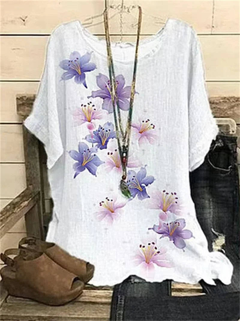 2023 New Round Collar Flower Printing Top Retro Pullover Summer Loose Short Sleeves Oversized Tee Shirt Fashion T-Shirt S-5xl