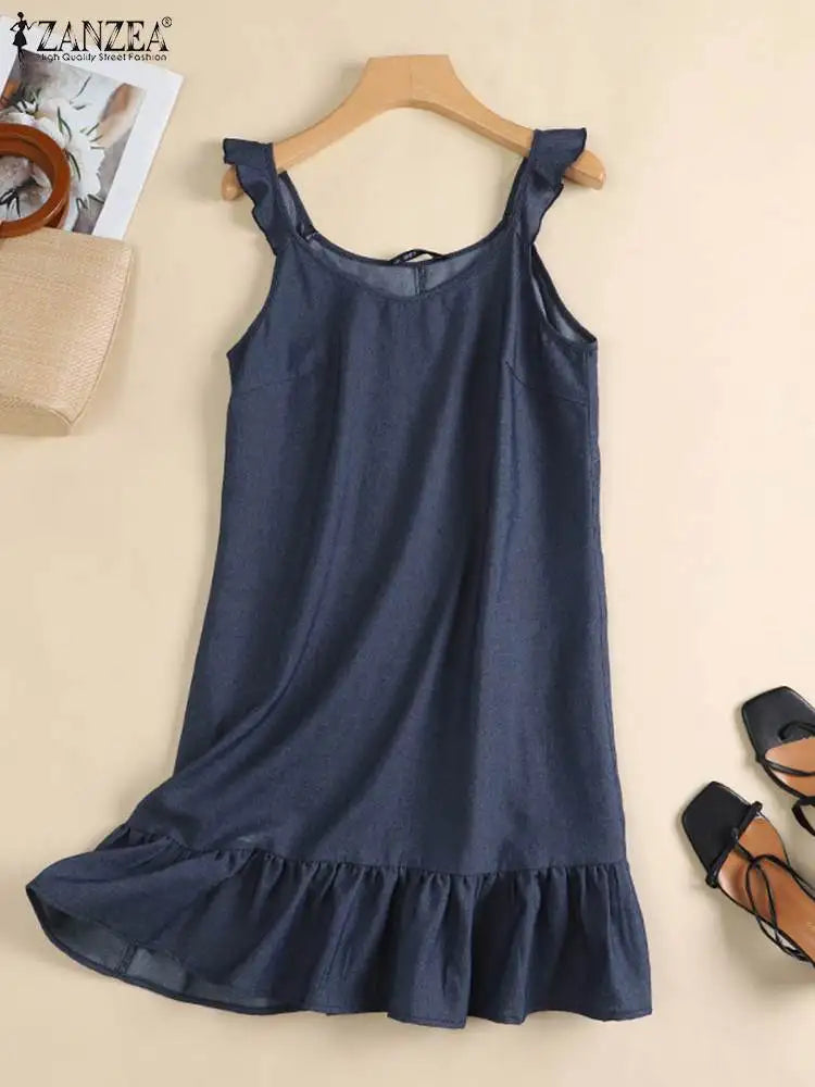 Vestido veraniego estilo vaquero bohemio de verano 2023 ZANZEA moda mujer sin mangas volantes dobladillo Vestido playa vacaciones Vestido corto batas