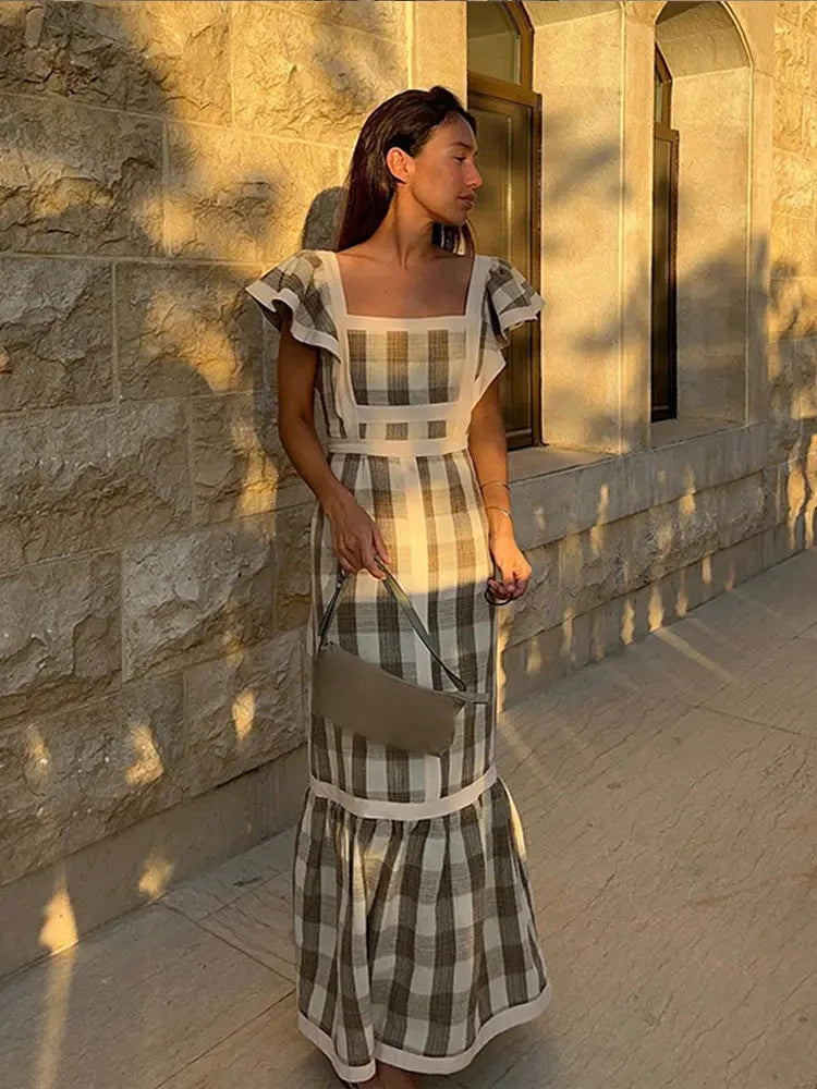 Elegant Print Striped Long Dress Women Square Collar Flying Sleeve Fashion Female Dresses 2024 Spring Summer Street Lady Robe