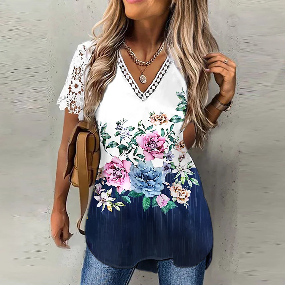 Femmes Floral Dentelle Col en V À Manches Longues T-shirt Chemisier Décontracté Lâche Tops Tuniques Tee Vêtements Vêtements S-3XL