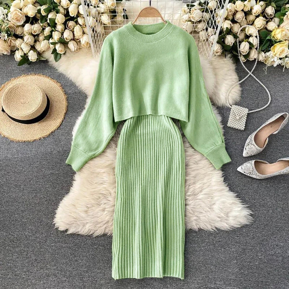 Sweater Set Casual Pullovers Suits Slip Dress For Women Slim Solid Autumn Winter Knitted Long Sleeve Elegance Elastic Sweet