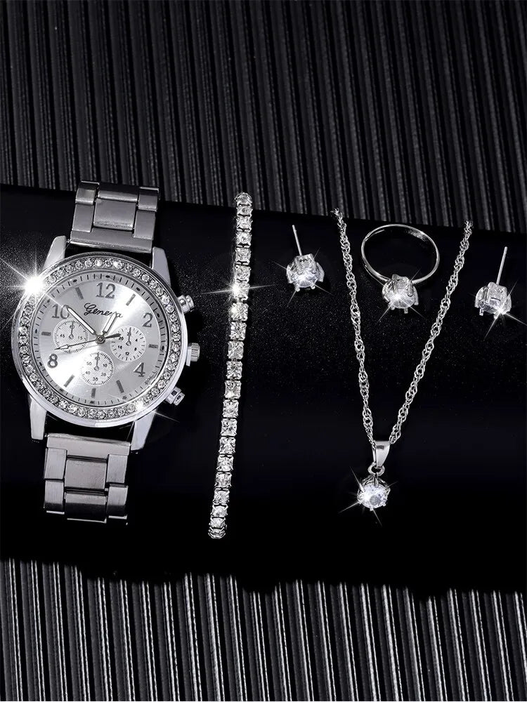 6 pièces de montre à bracelet en acier à Quartz pour femmes, collier + boucles d'oreilles + bague + bracelet, à la mode et polyvalent, incrusté de diamants et de strass