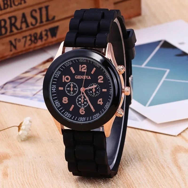 Reloj de pulsera de cuarzo de silicona para hombre y mujer, reloj de pulsera de cuarzo de silicona de marca famosa Geneva, venta al por mayor, reloj femenino