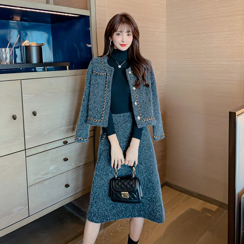 Women Vintage Tweed Fragrant Y2K Warm Suit Jacke Coat And Skirt Two Piece Set Outfit Winter Snow Thicken Elegant Chic Clothing