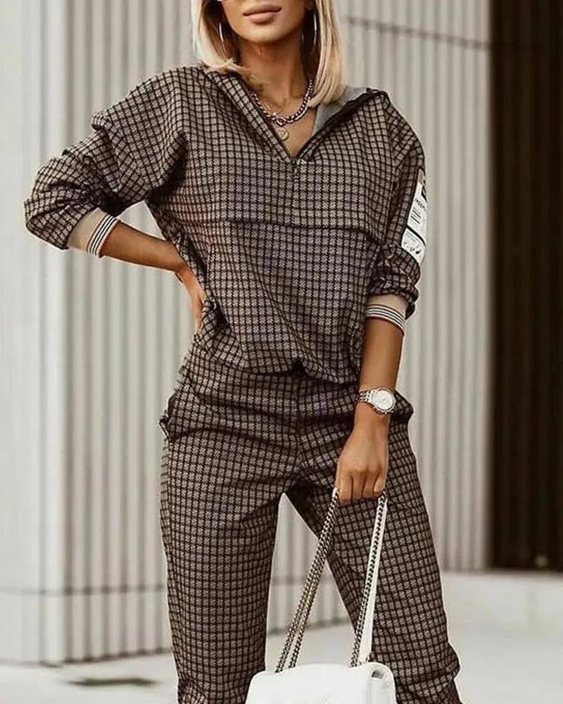 2022 New Fashion Women Plaid Print Zipper Front Hooded Top & Pants Set Two Pieces Suit Flare Pants Outwear