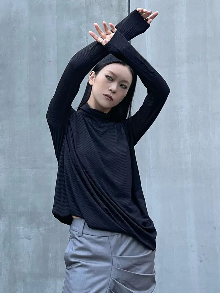 [EAM] femmes noir irrégulière t-shirt style décontracté nouveau col roulé à manches longues coupe ample t-shirts mode marée printemps automne 2024 1DH2678