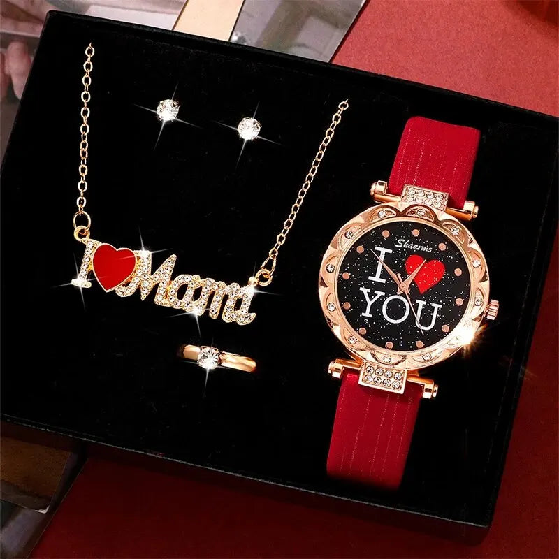 Conjunto de 5 uds de relojes de lujo para Mujer, Reloj de pulsera de cuarzo con esfera de amor, Reloj de pulsera a la moda para Mujer, Reloj femenino