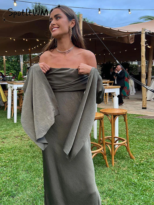 Elegant Sexy Off Shoulder Midi Dress for Women Chic Solid Slash Neck Long Sleeve Dresses Female Fashion Evening Party Club Robes