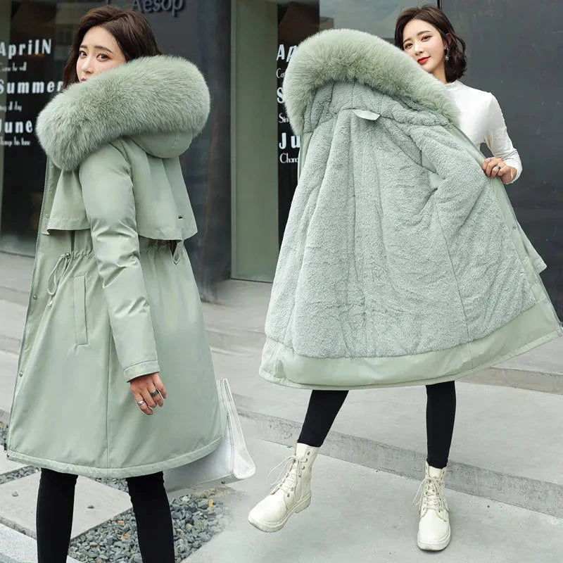 2023 New Winter Thick Warm Down Padded Coat Women's Plus Velet Cotton Coat Winter Hooded Loose Parkas Coat Fur Lining Mujer Coat