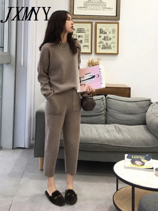 Women's suit Knitted 2 pieces Set Tracksuits Women Autumn Thick Warm O-neck Loose Sweater+Ankle-Length Pants Warm Cashmere Suit