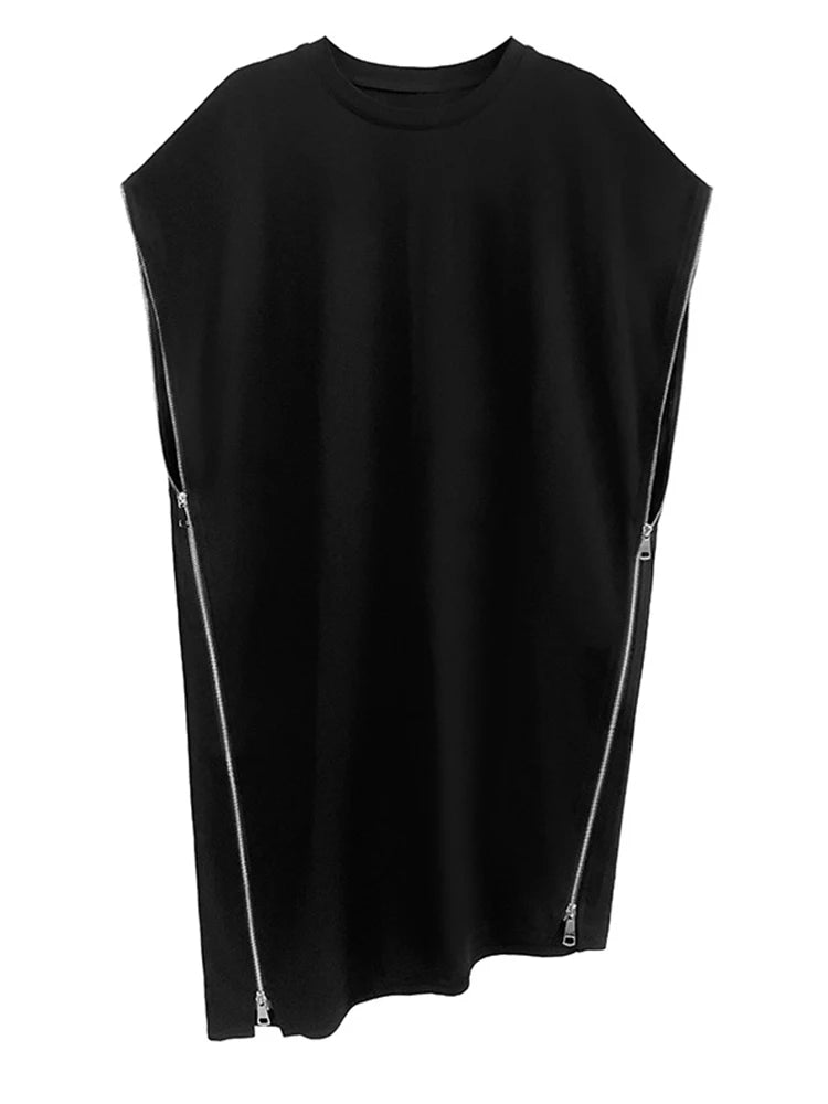 [EAM] vestido Casual negro con cremallera de talla grande para mujer nuevo cuello redondo manga corta corte holgado moda Primavera Verano 2024 1DF7865