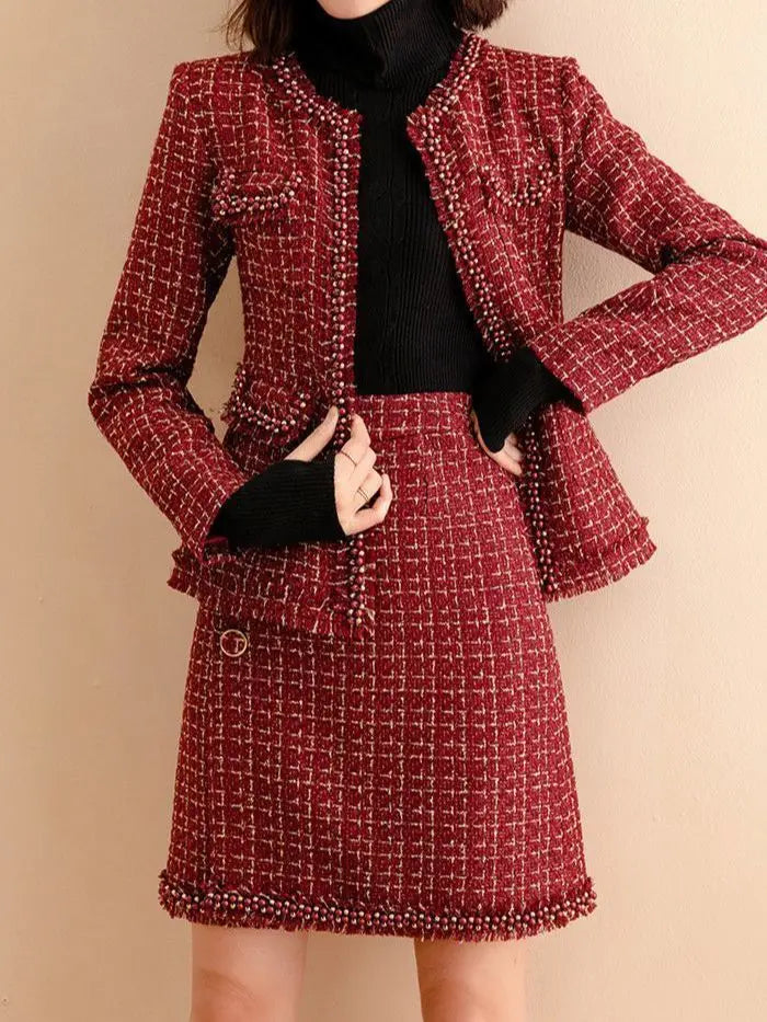 Women Tweed Elegant Red Suit Beaded Jackert Coat Skirt Two Piece Set Matching Outfit Winter Office Work High Quality Clothing