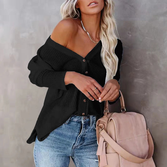 Women Spring Knitted Plain Loose V-Neck Cardigan T-Shirt Ladies Solid Casual Button Blouse Clothing S-2XL For Free Shipping 2023