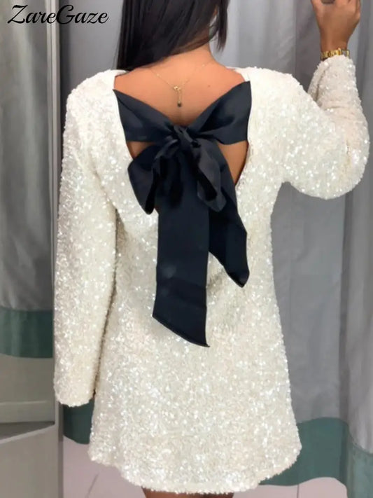 Robe de soirée élégante à paillettes et nœud papillon pour femmes, manches longues, Mini robe de noël brillante, Sexy, découpée, dos nu, robes de soirée