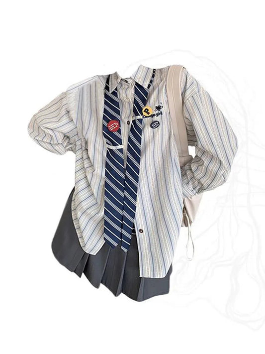 2023 Autumn Women New Vintage Striped Patchwork Over-shirt Baggy Long Sleeve Oversize Female Blouses Design Preppy Style Chic