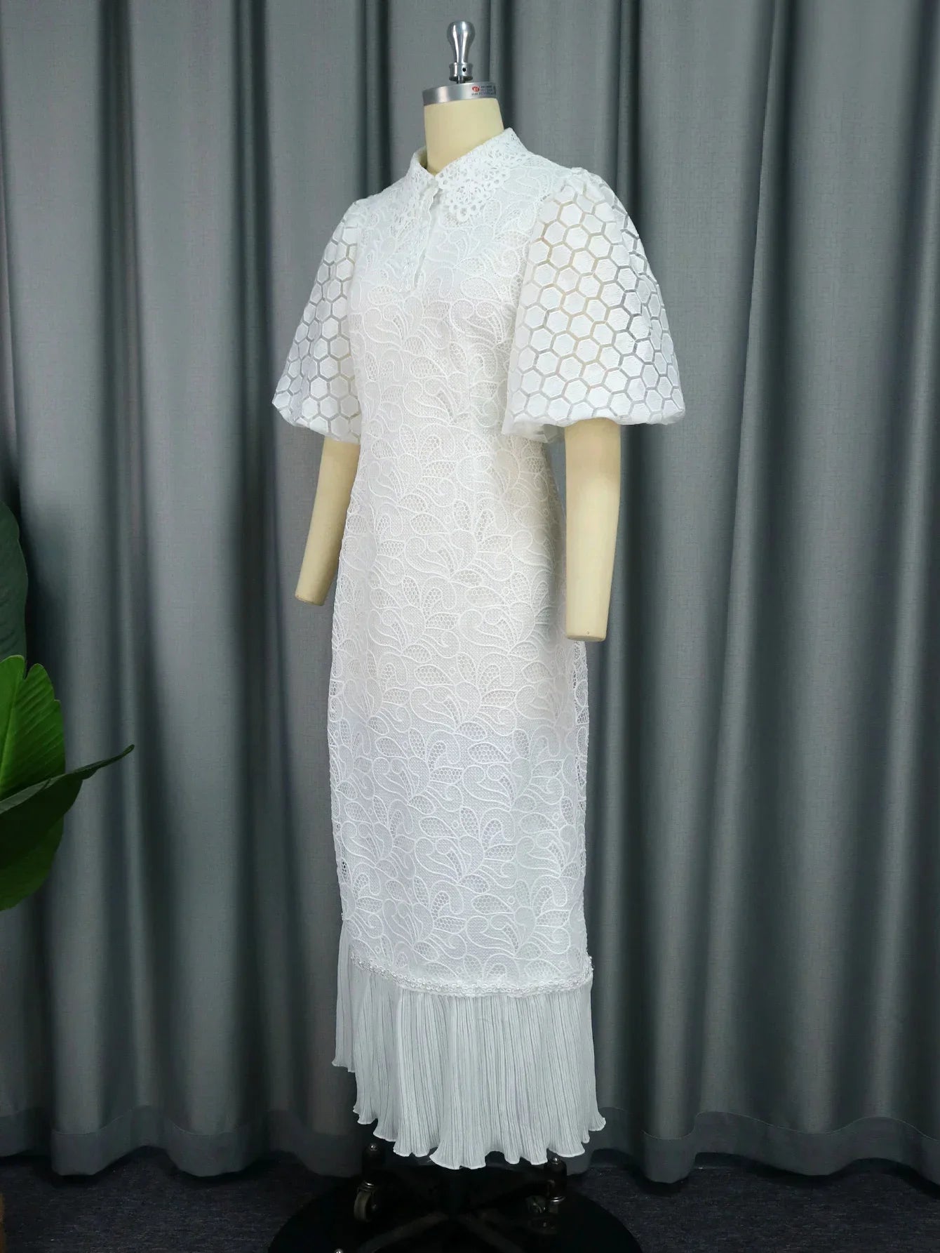 Vestidos de encaje blanco para mujer, invitados de boda, elegante, cuello vuelto, mangas abullonadas, dobladillo plisado, vestido Midi, ropa para ocasiones de lujo