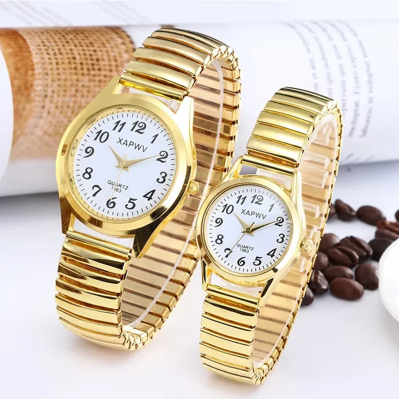 1PCs Classic Vintage Business Women Men Elastic Gold Sliver Quartz Watch Tide Lovers Couple Bracelet Watches Party Office Gifts