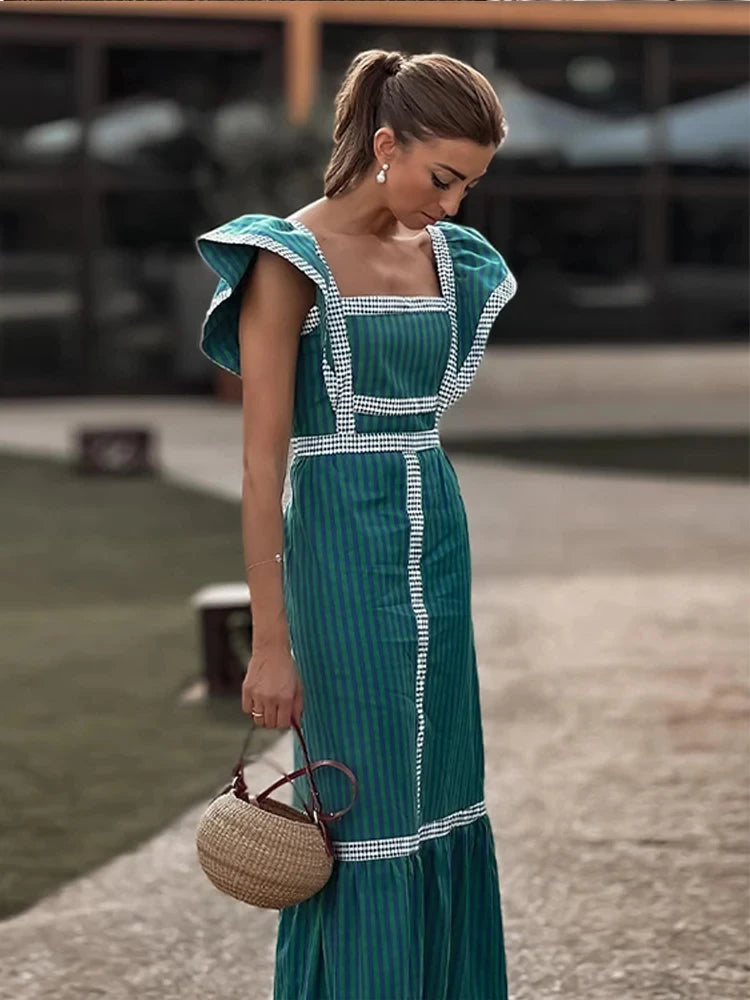 Elegant Print Striped Long Dress Women Square Collar Flying Sleeve Fashion Female Dresses 2024 Spring Summer Street Lady Robe