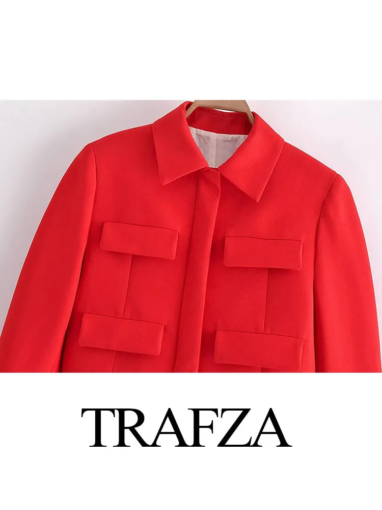 TRAFZA Autumn Winter Women Fashion Single Breasted Turn Down Collar Red Coats+Female Casual Office Lady Slim Pants 2 Piece Suit