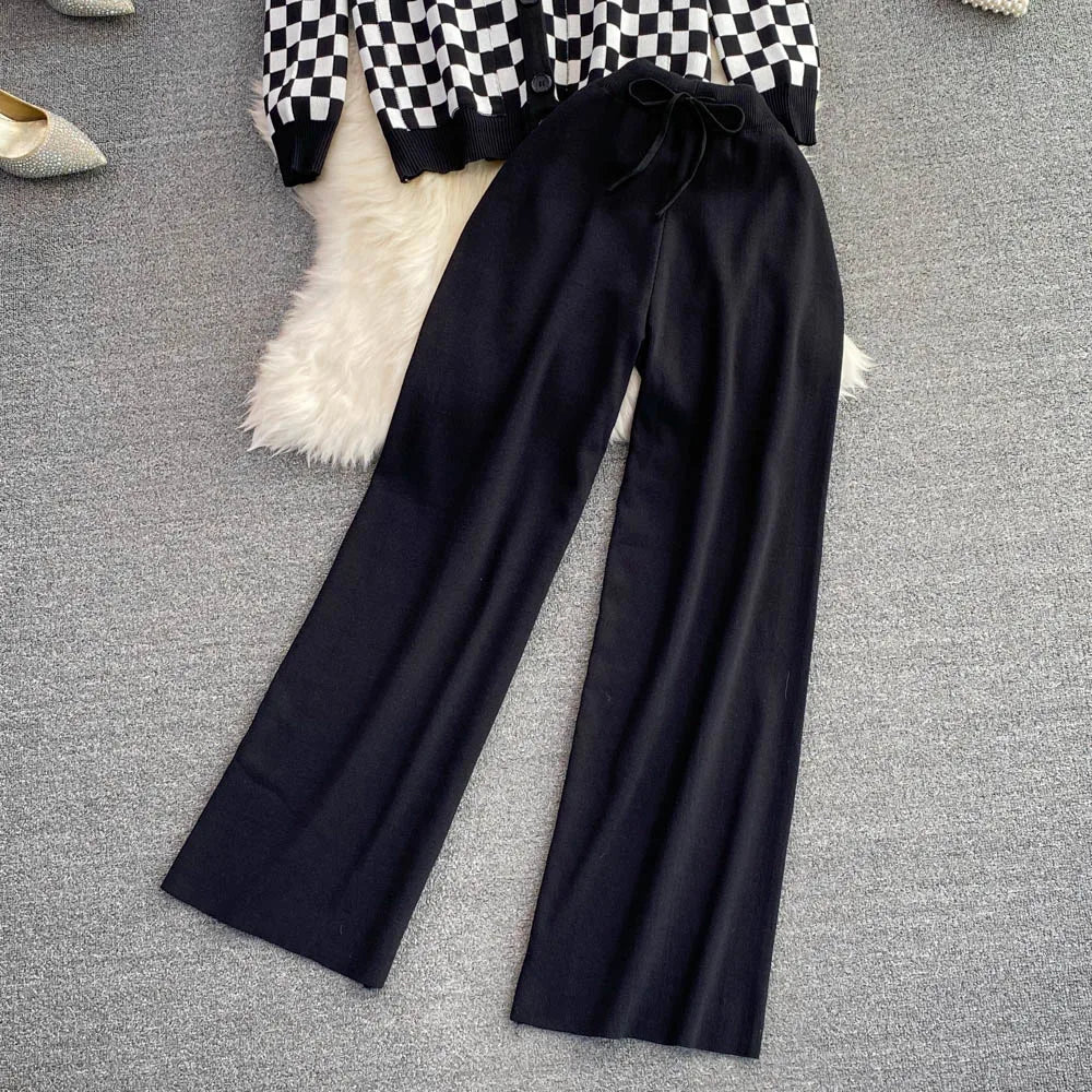 2023 Autunm Winter Women Knitted Y2K Suit Checkerboard Sweater And Pants Two Piece Set Tracksuit Female Clothing Matching Outfit