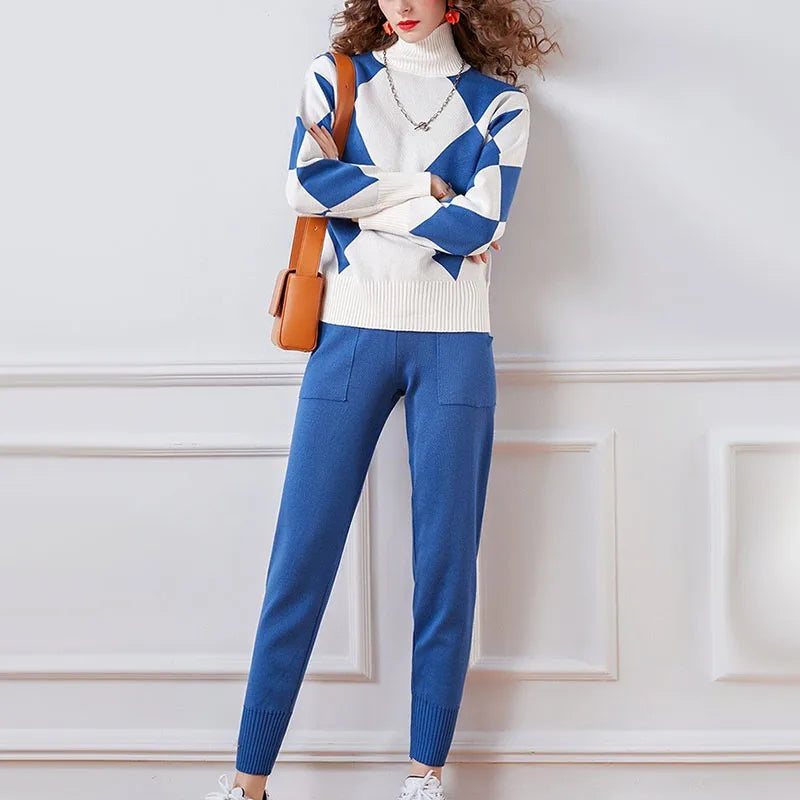 Ensemble de vêtements tricotés pour femmes, pull à col roulé à carreaux + pantalon de couleur unie, costume 2 pièces, tenues de printemps et d'automne, tricots de style décontracté