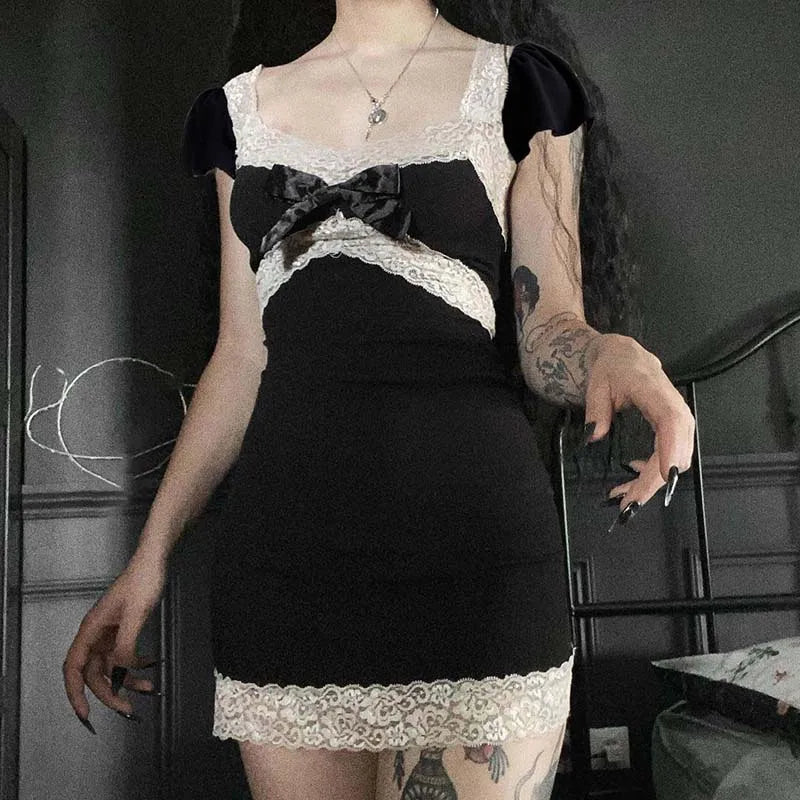 E-girl Kawaii Bow Black Mini Dress Harajuku Grunge Backless Wrap Bodycon Y2K Dark Academia Lace Trim Dress Gothic Streetwear