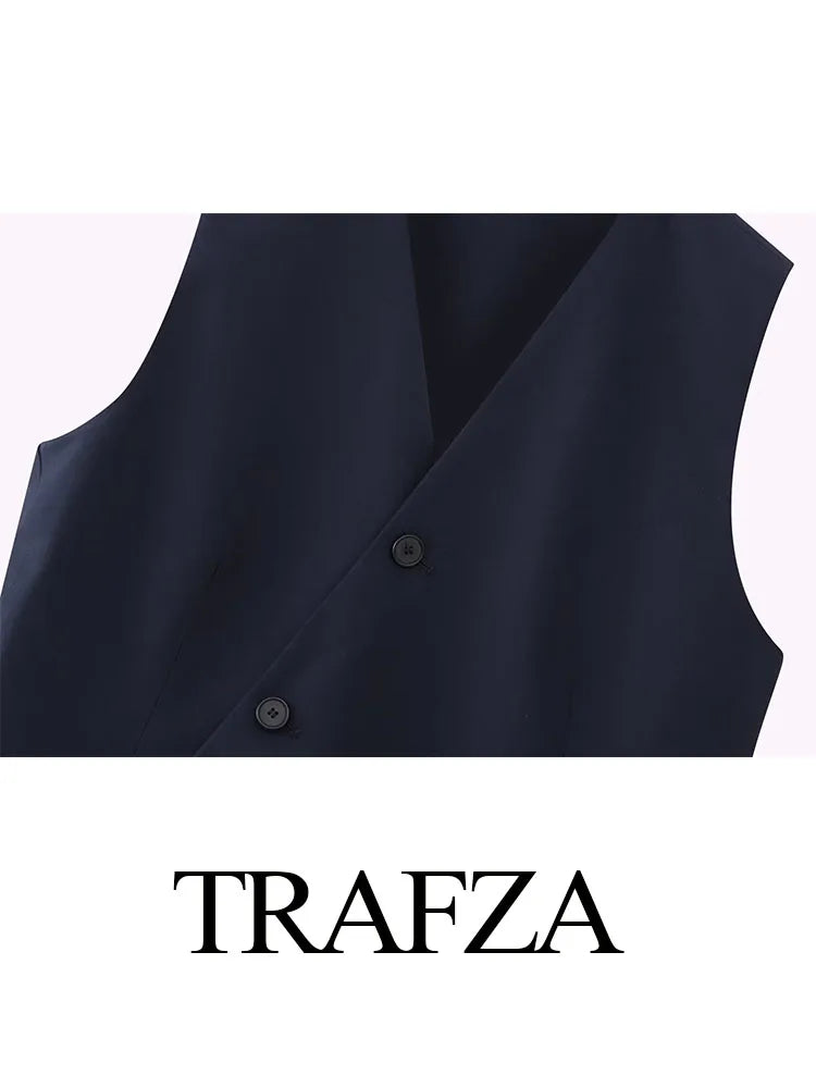 TRAFZA Autumn Women Solid Pants Suit Asymmetric Sleeveless Single Breasted Vest Tops+Casual High Waist Loose Tousers 2 Piece Set