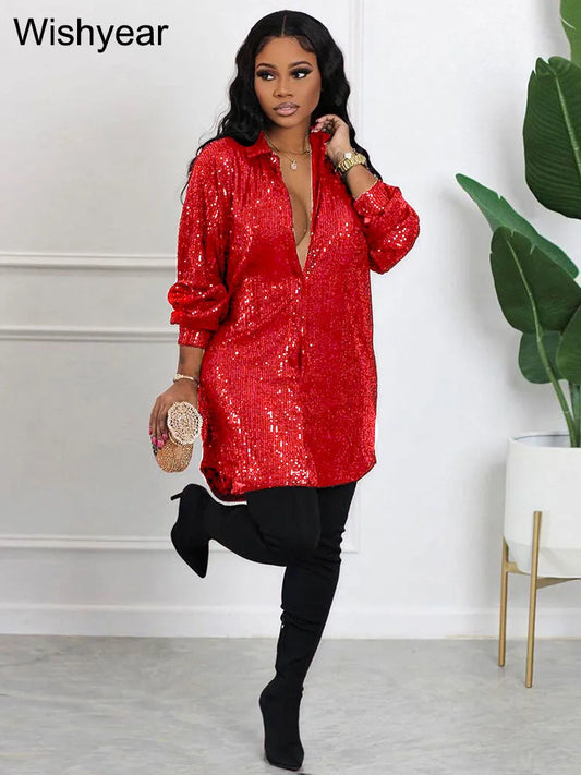 Elegant Evening Party Short Shirt Dress for Women Outfit Luxury Sequin Long Sleeve Spring Fall Birthday Club Dresses Vestidos