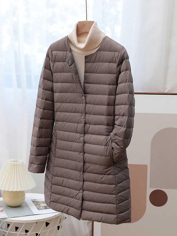 Manteau d'hiver en duvet de canard pour femme, veste Ultra légère, col rond, manches longues, pardessus coupe-vent, vêtements d'extérieur, doublure chaude, nouvelle collection automne 2023