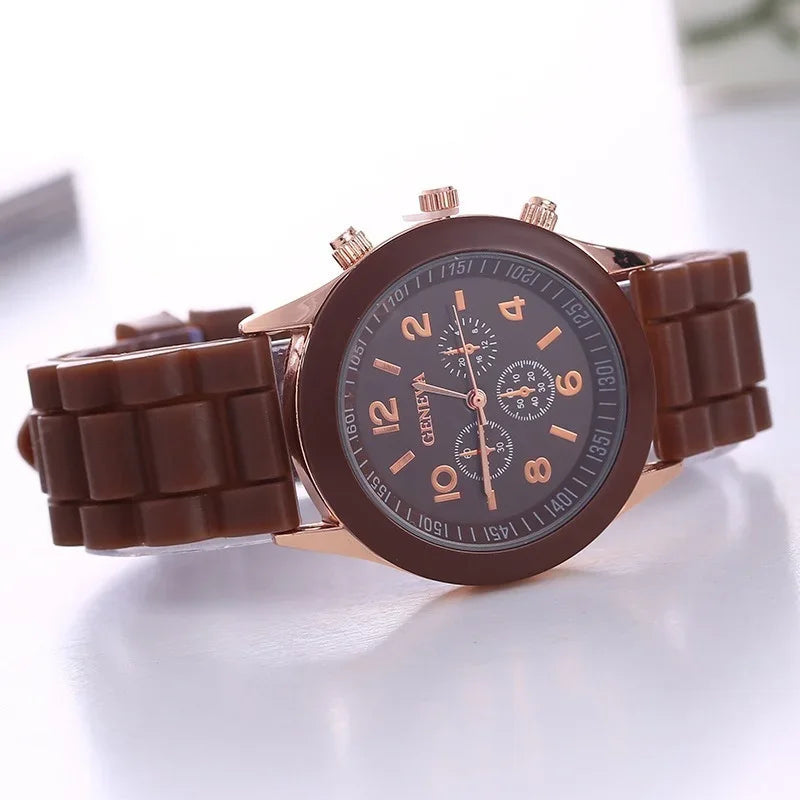 Reloj de pulsera de cuarzo de silicona para hombre y mujer, reloj de pulsera de cuarzo de silicona de marca famosa Geneva, venta al por mayor, reloj femenino