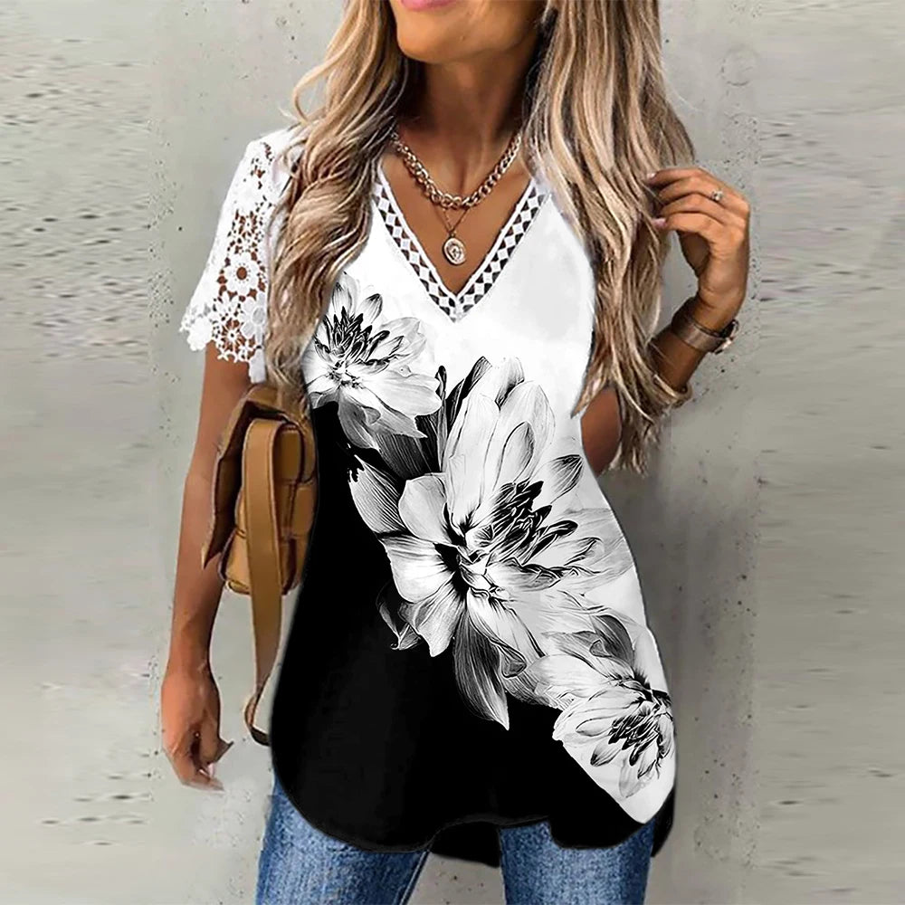 Camiseta de manga larga con cuello en V y encaje Floral para mujer, blusa informal holgada, camisetas, ropa, S-3XL